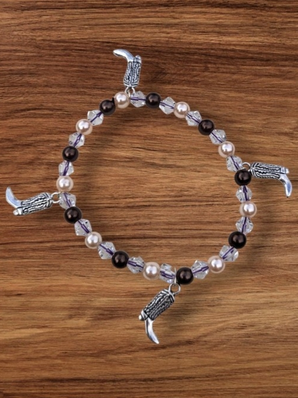 Pearl and Black Bead Charm Bracelet with Silver Talon Accents